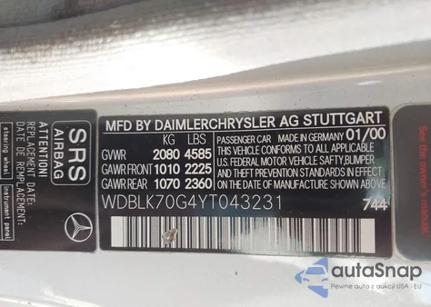 2000 Mercedes-Benz Clk 430 from USA, damaged, VIN WDBLK70G4YT043231